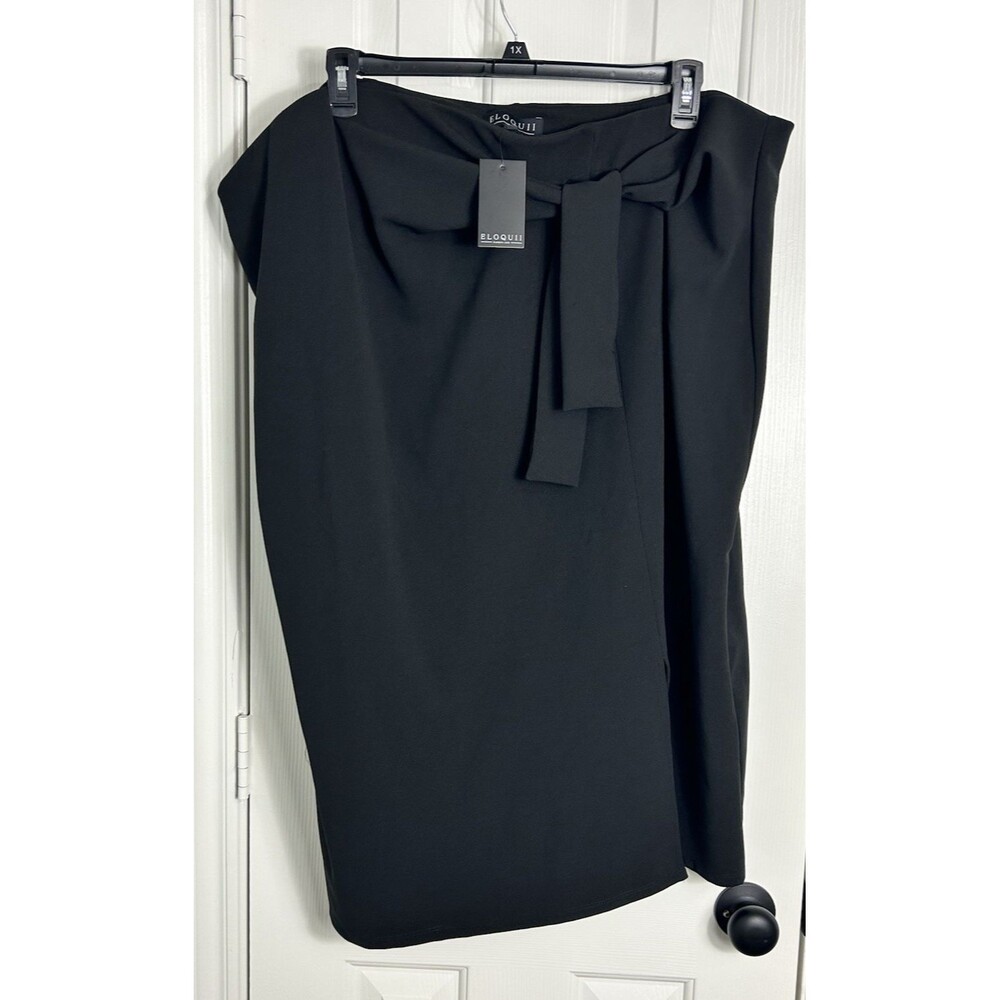 ELOQUII Black Tie-Waist Column Midi Skirt - Plus Size 28